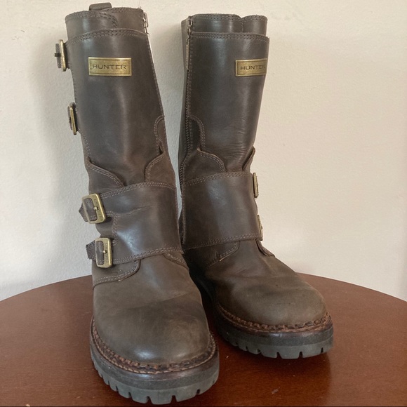 Hunter Alina Leather Biker Boots Brown 6 - Picture 3 of 7